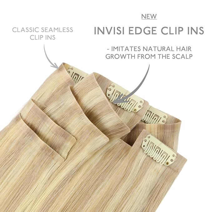 WENNALIFE Invisi Edge & Classic Seamless Clip in Hair Extensions Real Human Hair, 14 Inch 130 9pcs Light Blonde Highlighted Golden Blonde Hair Extensions for Women Invisible Straight Injection