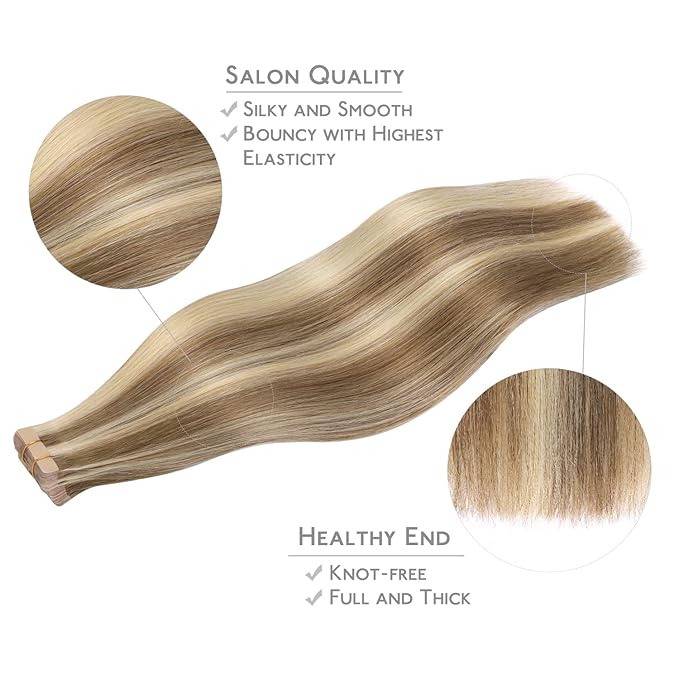 WENNALIFE Tape in Hair Extensions Human Hair, 20pcs 60g 26 inch Ash Brown with Platinum Blonde Highlights Remy Hair Extensions Straight Human Hair Tape in Extensions Skin Weft Tape Extensions