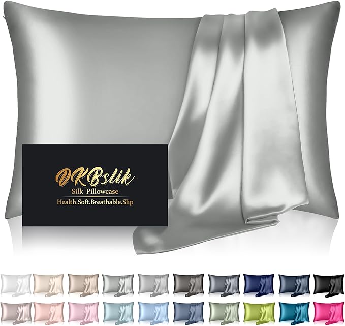 Mulberry Silk Pillow Cases Queen Size, Silk Pillowcase for Hair and Skin, Both Sides Natural Silk Satin Pillowcase for Sleeping Women with Zipper, Gifts for Women Men, Silver Grey