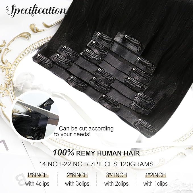 Moresoo Seamless Clip in Hair Extensions Real Human Hair Black Straight Can Be Curled Hair Extensions Clip ins Short 14inch Pure Skin Invisible Natural Black for Daily Use 120g/7pcsv