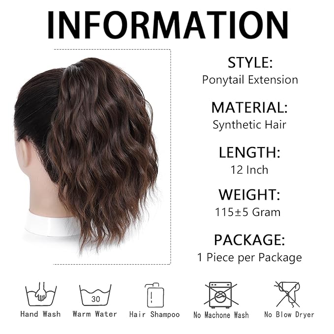 Ponytail Extension-12 Inch Drawstring Ponytail Hair Extensions for Women Synthetic Curly Wavy Fake Pony Tails Hair Pieces for Daily Party Use (Mixed Brown)
