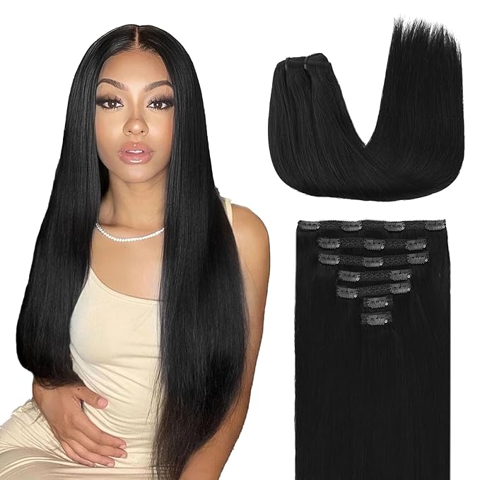 Lashey Clip in Hair Extensions Real Human Hair, 14 Inch 7pcs 120g #1 Jet Black, Straight Remy Human Hair Clip in Natural Thick Hair for Black Women