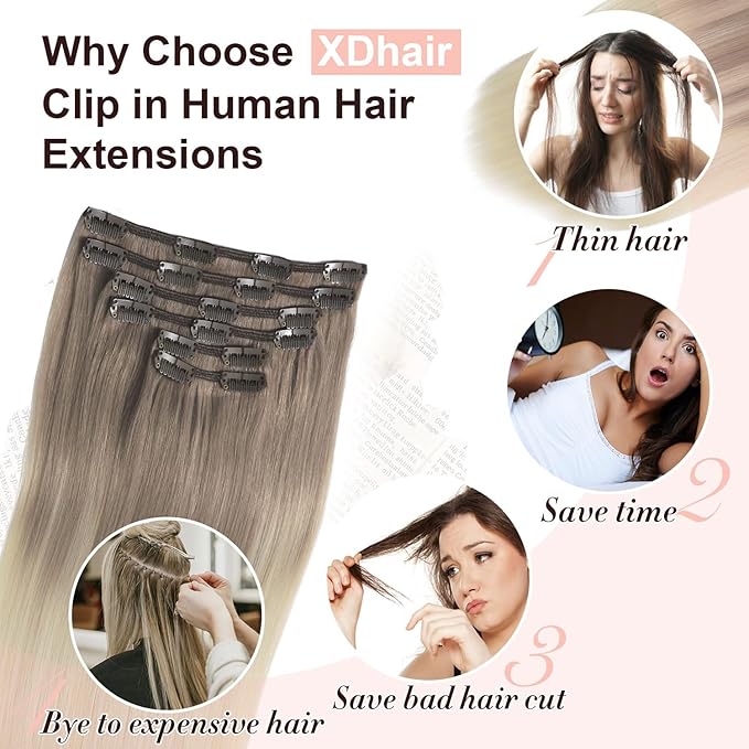 XDhair Hair Extensions Clip in Human Hair 120g 20 Inch Ash Brown to Platinum Blonde Human Hair Clip in Extensions Double Weft 6pcs for Women(20, #8T60)