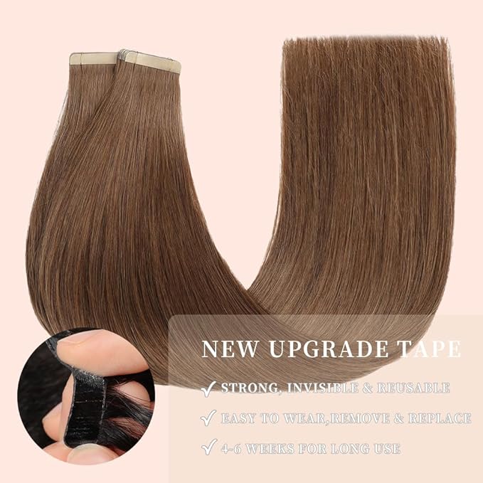 Tape in Hair Extensions Human Hair for Women 20pcs 18 Inches Hair Extensions Real Human Hair Tape Ins Invisible Human Hair Tape in Extensions Skin Weft Medium Brown (6#,18 Inch)