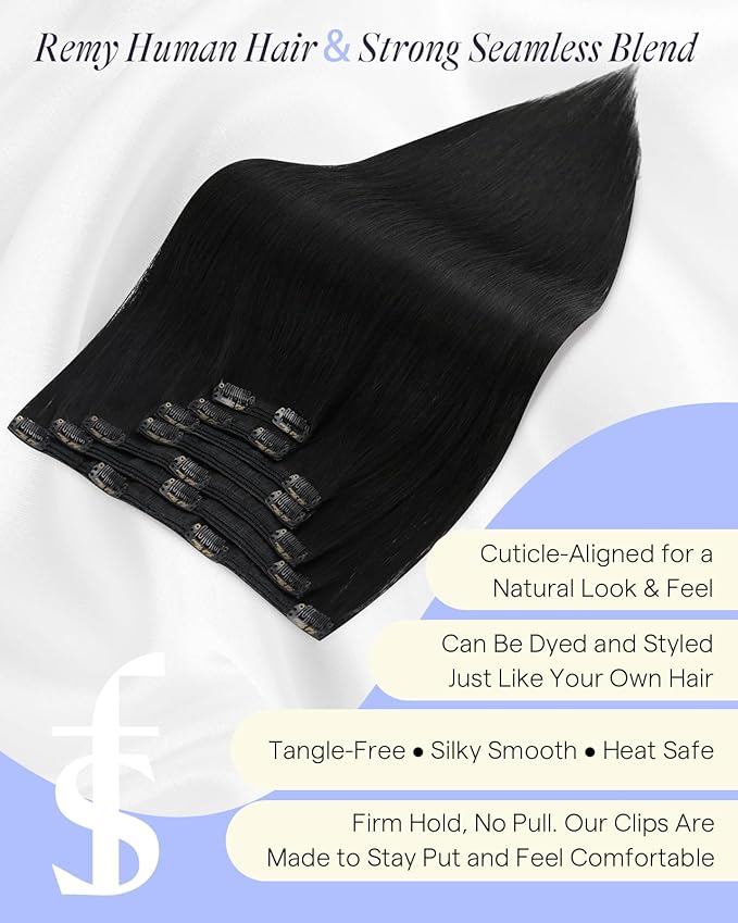 Full Shine Clip in Black Hair Extensions Black Human Hair Clip in Extensions for Concert for Volume 135 G 16 Inch 7 Pcs