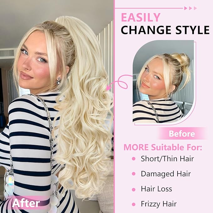 ALXNAN Ponytail Extension,24 Inch Claw Clip in Long Curly Wavy Platinum Blonde Ponytail Hair Extension Jaw Clip on Pony Tails Hairpiece for Women