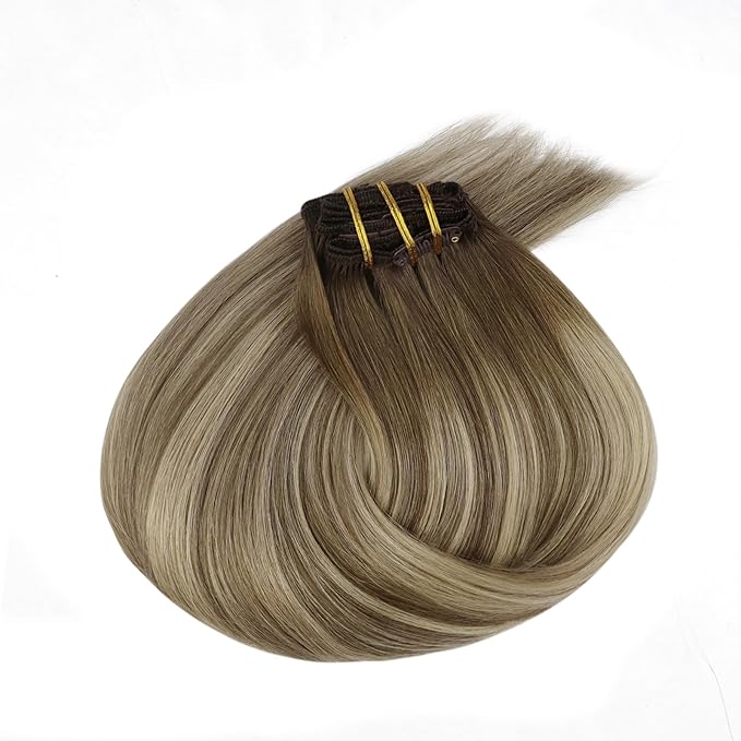 Ve Sunny Clip in Human Hair Extensions Balayage Clip in Hair Extensions Real Human Hair 24 Inch Long Straight Remy Hair Extensions Clip ins Dark Brown to Light Brown with Blonde 120g 7Pcs