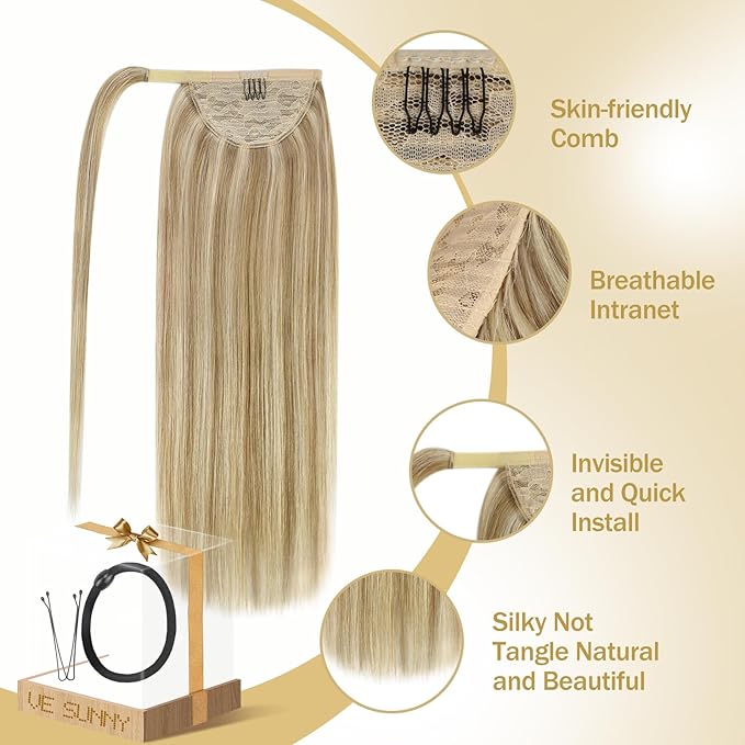 Ve Sunny Hair Extensions Ponytail Real Human Hair Wrap Around Clip in Ponytail Hair Extensions Straight Extensions Human Hair for Women Dark Blonde Highlights Golden Blonde 22inch 80G
