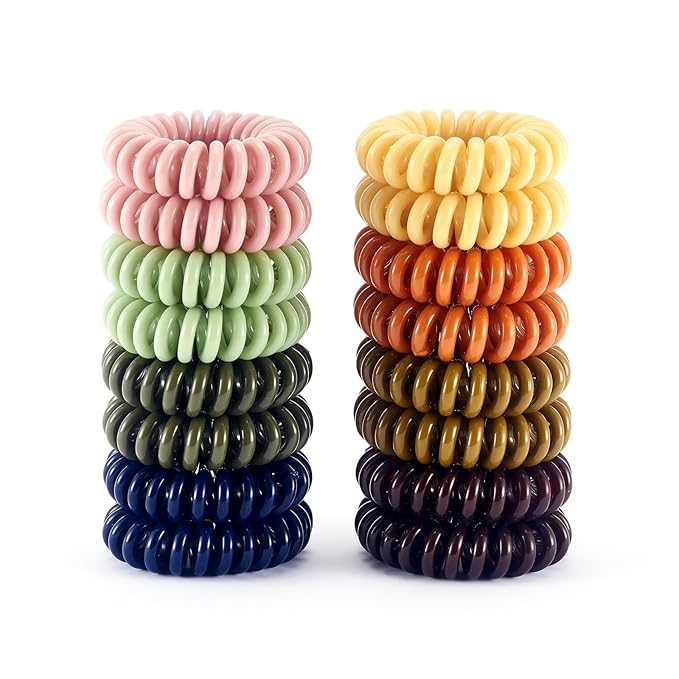 16Pcs Spiral Hair Ties, (Glossy Macaron&Dark) Hair Elastic Coils for Women and Girls, Waterproof Phone Cord Hair Scrunchies Accessories Bands for Ponytails and Updos