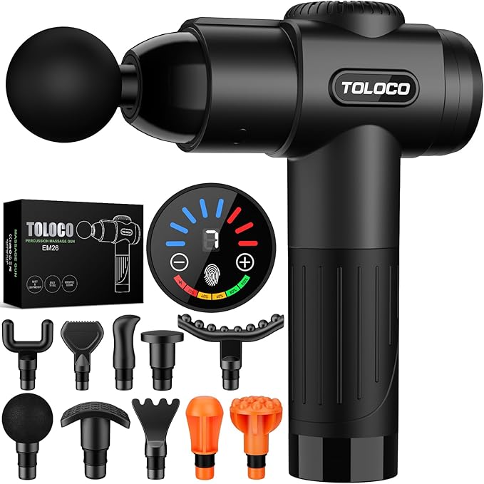 TOLOCO Massage Gun, Deep Tissue Back Massage for Athletes for Pain Relief, Percussion Massager with 10 Massages Heads & Silent Brushless Motor, Christmas Gifts for Women, Men, Black