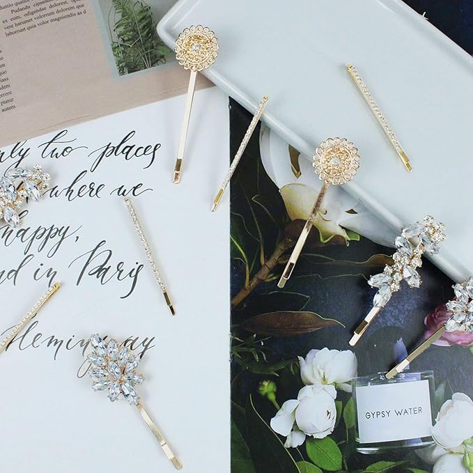 10 Pieces Rhinestone Hair Clips, Crystal Bobby Hair Pins Decorative Rhinestone Hair Barrettes for Wedding, Leaf Feather Sunflower Hair Clips Metal Hair Accessories for Women,4 Styles(Gold)