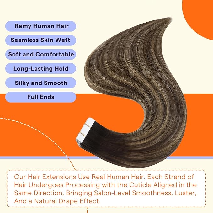 Full Shine Tape in Extensions 20 Inch Remy Extensions Color 4 Brown Fading to 24 Blonde Highlighted 4 Medium Brown 50g Hair Extensions Real Human Hair 20 PCS Tape Ins Human Hair Extensions for Party