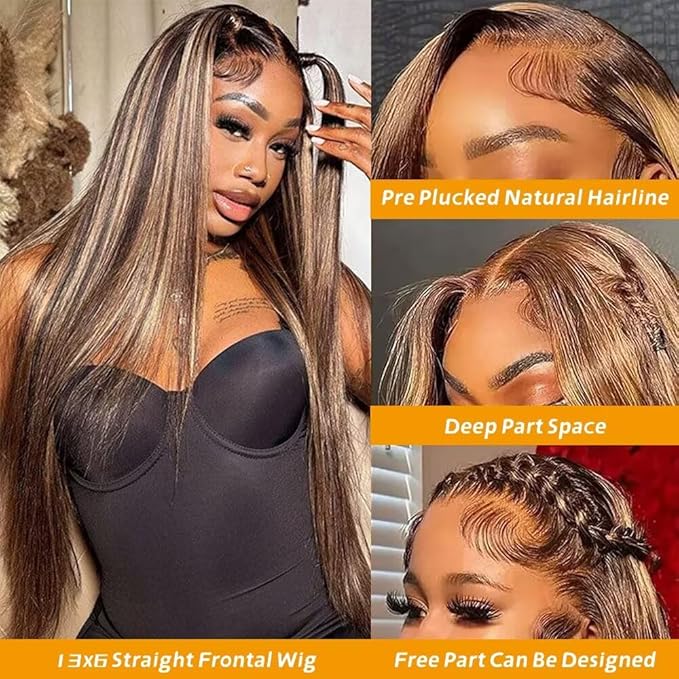 13x6 Ombre Lace Front Wigs Human Hair for Women 180 Density 4/27 Highlight Colored HD Transparent 26 Inch Straight Lace Front Wig Human Hair Pre Plucked Glueless Lace Frontal Wigs