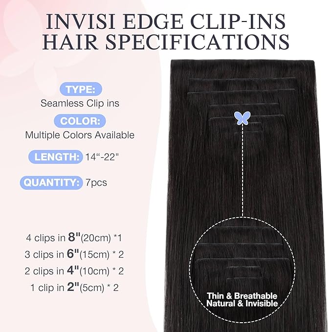 DOORES Human Hair Clip in Extensions 14 Inch 110g 7pcs, Invisi Edge Seamless Real Human Clip in Hair Extensions Invisible Remy Virgin Clipins Straight Skin Weft Thickening, 1B Natural Black
