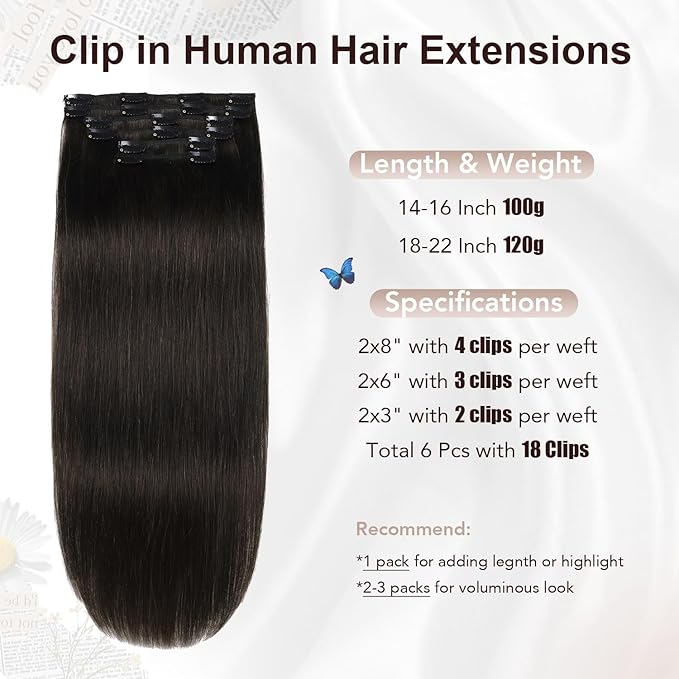 XDhair Clip in Hair Extensions Real Human Hair 16 Inch 100g Natural Straight Human Hair Clip in Extensions for Woman Double Weft #1B