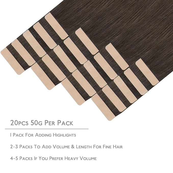 WENNALIFE Tape in Hair Extensions Human Hair, 20pcs 50g 20 inch Cool Dark Brown Remy Hair Extensions Straight Human Hair Tape in Extensions Skin Weft Tape Extensions