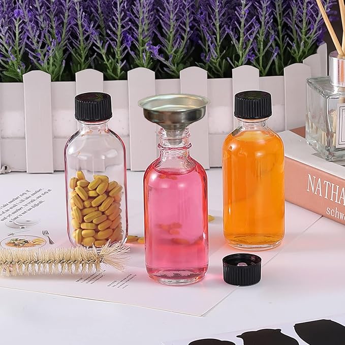 DIDITIME 6 Pack 2 oz Shot Bottles with Caps & Stainless Steel Funnels, Juicing Bottle Reusable Glass, Mini Travel Bottles, 60ml Small Jars with Lids for Potion, Ginger Shots, Oils, Juice