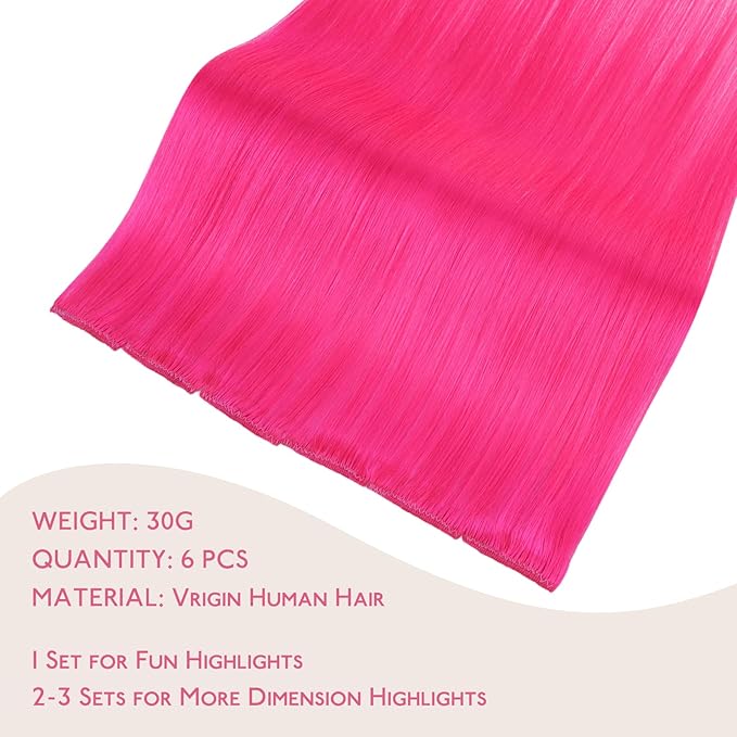WENNALIFE Hot Pink Clip in Hair Extensions Real Human Hair 35g 6pcs 16 Inch Colored Hair Extensions for Kids Women Colorful Hair Pieces Pop-up Style Straight Extensiones De Cabello Humano Con Clip