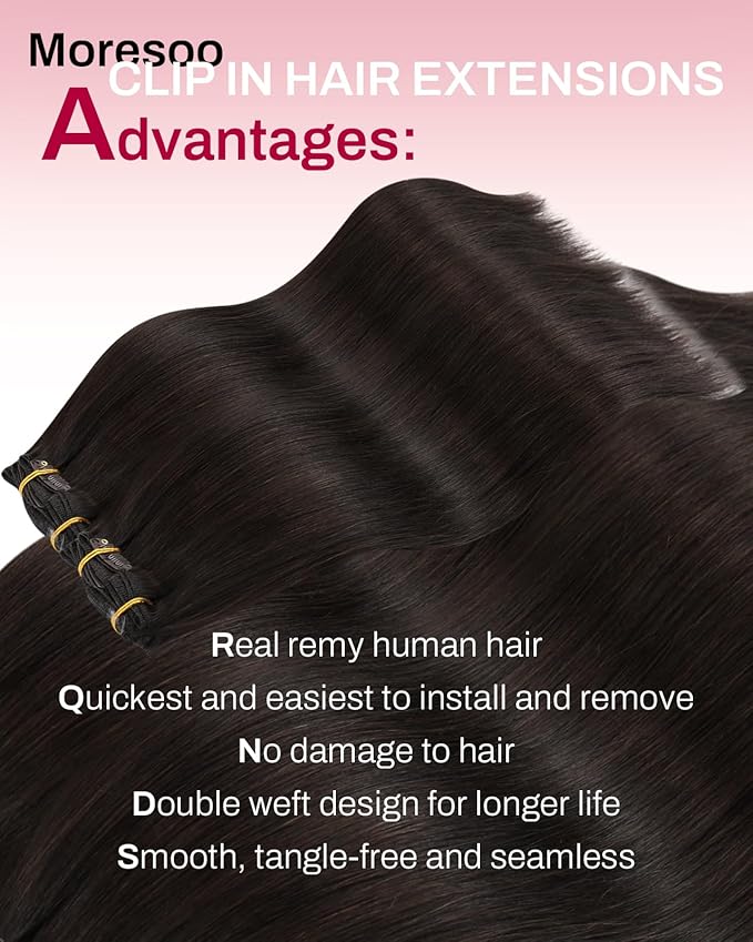 Moresoo Dark Brown Seamless Clip in Hair Extensions Real Human Hair Dark Brown Hair Extensions Clip ins Straight And Thick for Women Natural Human Hair Pu Skin Invisible 135g/7pcs 16 inch