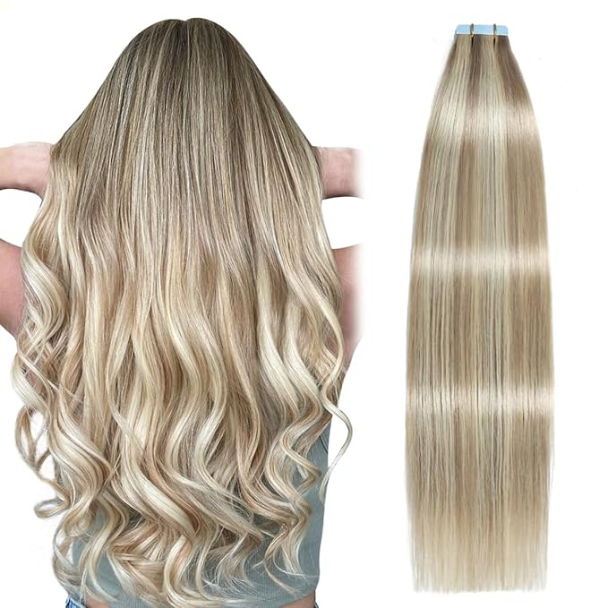 SUYYA Tape in Hair Extensions Human Hair Ash Blonde Highlighted Bleach Blonde 30 Inch 60g/pack 20pcs Straight Seamless Skin Weft Tape in Real Human Hair Extensions (30 inch #P18/613)