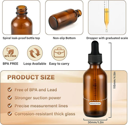 12 Pcs, 2oz Dropper Bottle, Amber Glass Eye Dropper Bottle, Tincture Bottles with Dropper, Leak-Proof Design, Stronger Suction, for All Kinds of Mixed Liquids