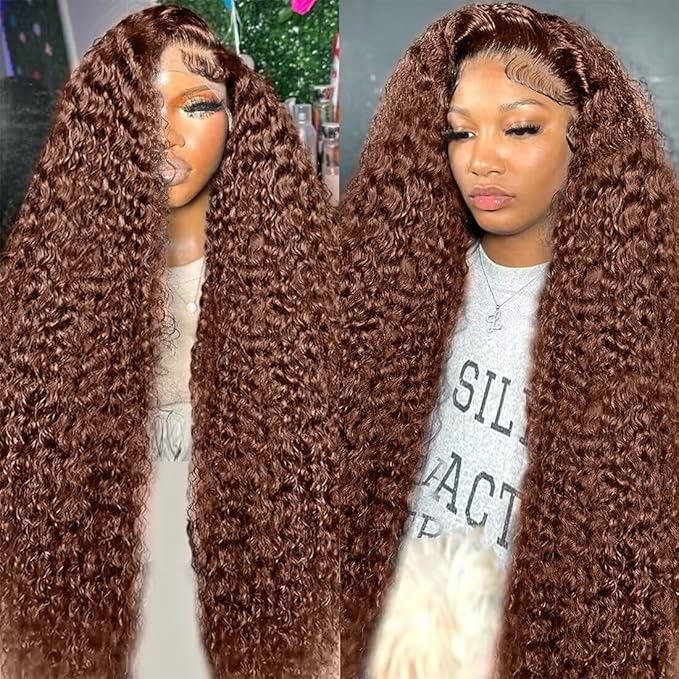 250% Density Curly Human Hair wig 13x6 Auburn Brown Mongolian Deep Transparent Lace Front Wigs for Women With Baby Hair Chocolate Curly Lace Front Wig 22 Inch
