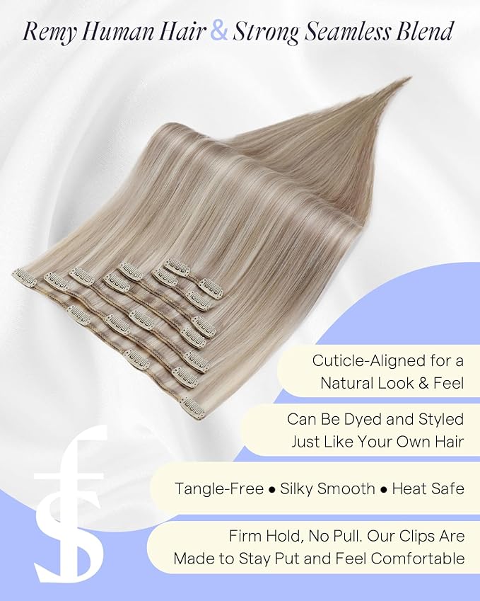 Full Shine Clip in Extensions Ash Blonde Highlighted Bleach Blonde Remy Clip in Hair Extensions for Volume Thick Real Human Hair 135 G 18 Inch 7 Pcs