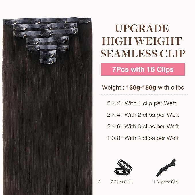 GOO GOO Clip in Hair Extensions Real Human Hair, Remy Human Hair Extensions Clip ins for Women, Natural Human Hair, 20inch 150g 7Pcs, 2 Dark Brown