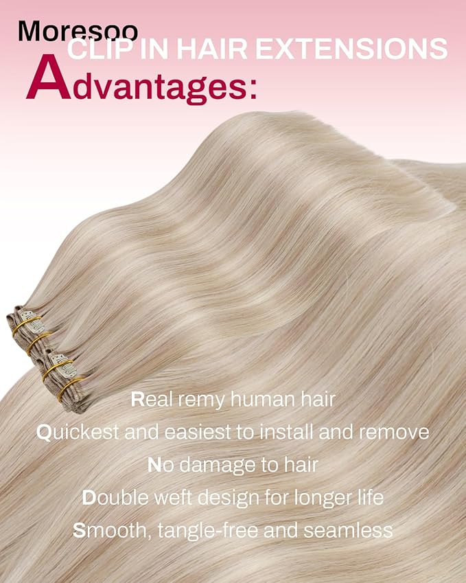 Moresoo Seamless Clip in Hair Extensions Human Hair Blonde Highlight Remy PU Weft Human Hair Clip in Extensions Ash Blonde with Bleach Blond Hair Extensions for Women with Hint of Pink 7pcs 120g 18in