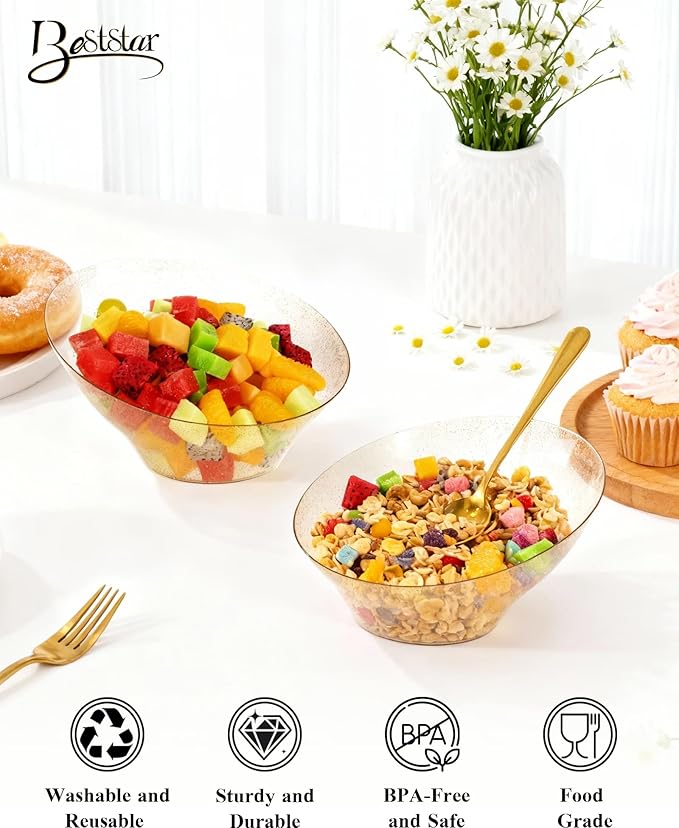 BESTSTAR 54OZ Clear and Gold Gliter Plastic Serving Bowls 8 Pack Angled Disposable Party Bowls for Chips, Salad, Fruit & Candy – Heavy Duty Clear Serving Bowls for Parties, Buffet, Christmas