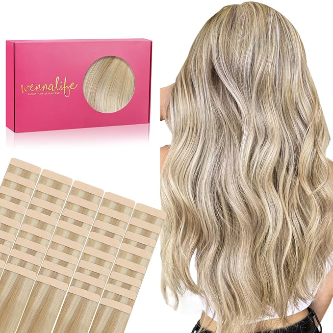 WENNALIFE Tape in Hair Extensions Human Hair, 40pcs 100g 24 inch Dirty Blonde Highlighted Bleach Blonde Hair Extensions Real Human Hair Straight Tape in Extensions Invisible Human Hair Extensions