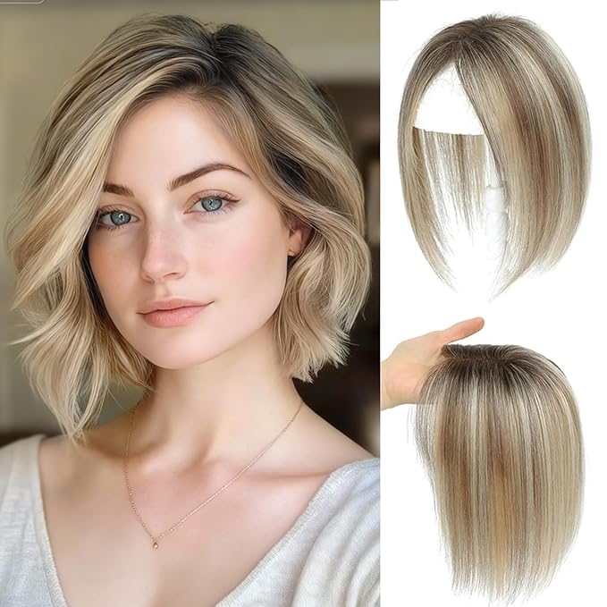 Hair Toppers for Women Real Human Hair Topper for Women with No Bangs Hairpieces Comfortable and Breathable 10 Inch Swiss Base 3D 360°Cover (Ombre Light Brown with Blond Highlight, 10 Inch-3D-Side)