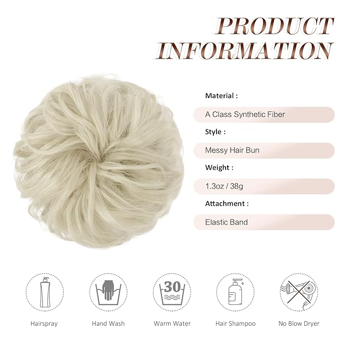 FESHFEN Messy Bun Hair Piece - Elastic Wavy Curly Hair Bun Scrunchies Extensions Synthetic Chignon Hairpieces for Women Girls, Ash Platinum Blonde 1.5 oz