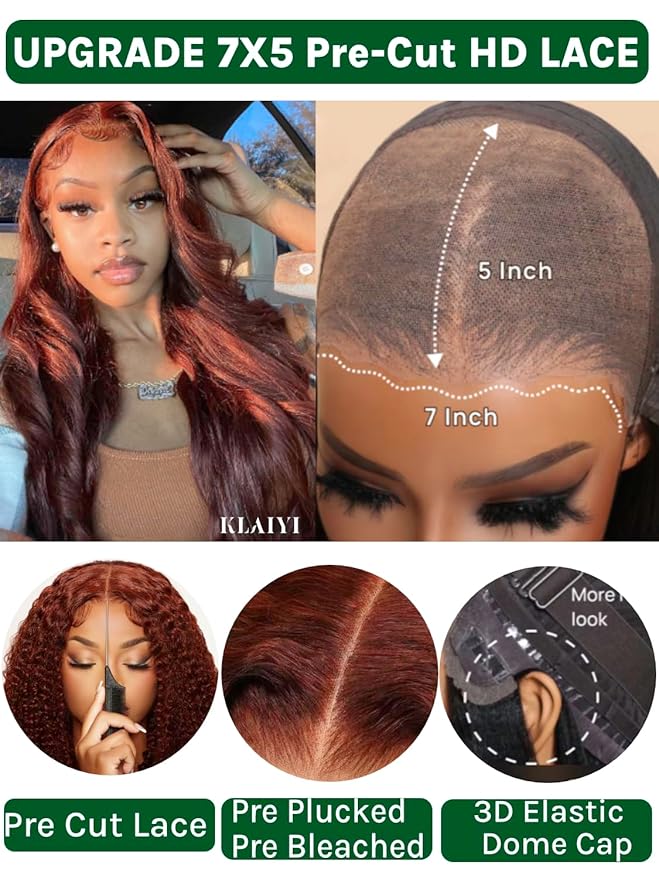 KLAIYI Bye Bye Knots Glueless Wig Reddish Brown Body Wave 7x5 Pre Cut HD Lace Front Wigs Human Hair Put On And Go Wig Pre Bleached Pre Plucked with Baby Hair 30S Ready To Wear 150% Density Full 24Inch