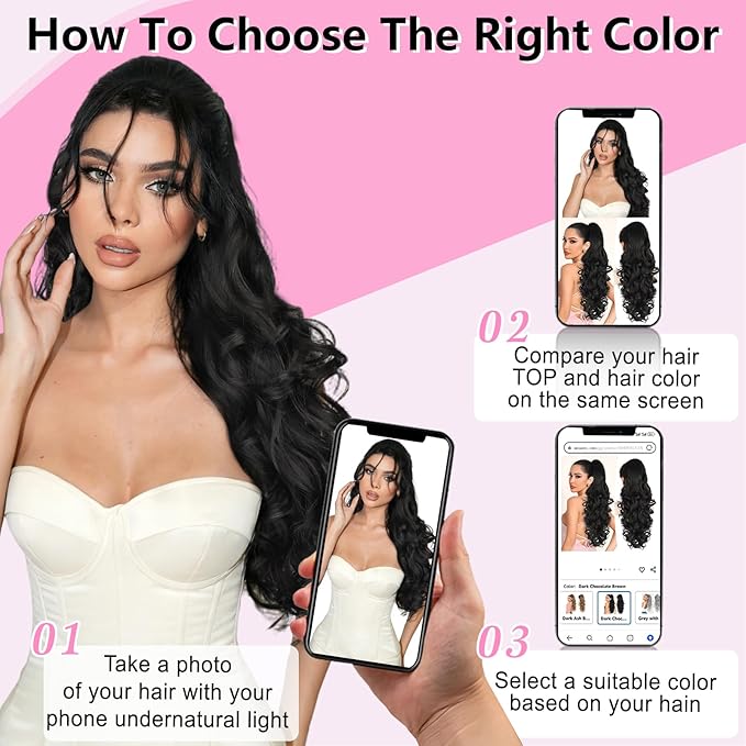 ALXNAN Ponytail Extension,24 Inch Claw Clip in Long Curly Wavy Black Ponytail Hair Extension Jaw Clip on Pony Tails Hairpiece for Women