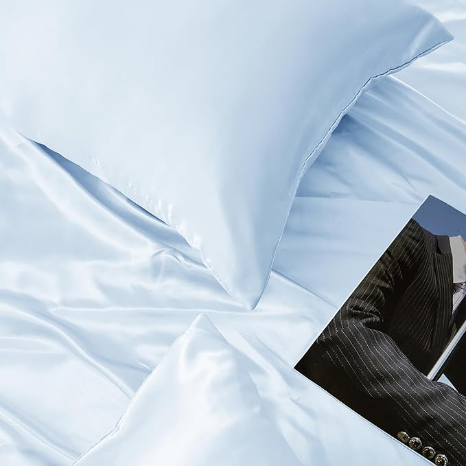 Light Blue Satin Pillowcase Queen Size Set of 2 for Hair and Skin, Light Blue Silk Pillowcase Breathable Pillowcase with Envelope Closure