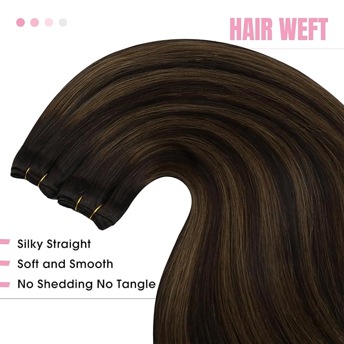YoungSee 18 Inch Weft Hair Extensions Balayage Human Hair Weft Extensions Dark Brown Mix Medium Brown Highlights Sew in Hair Extension Real Human Hair for Women 100G