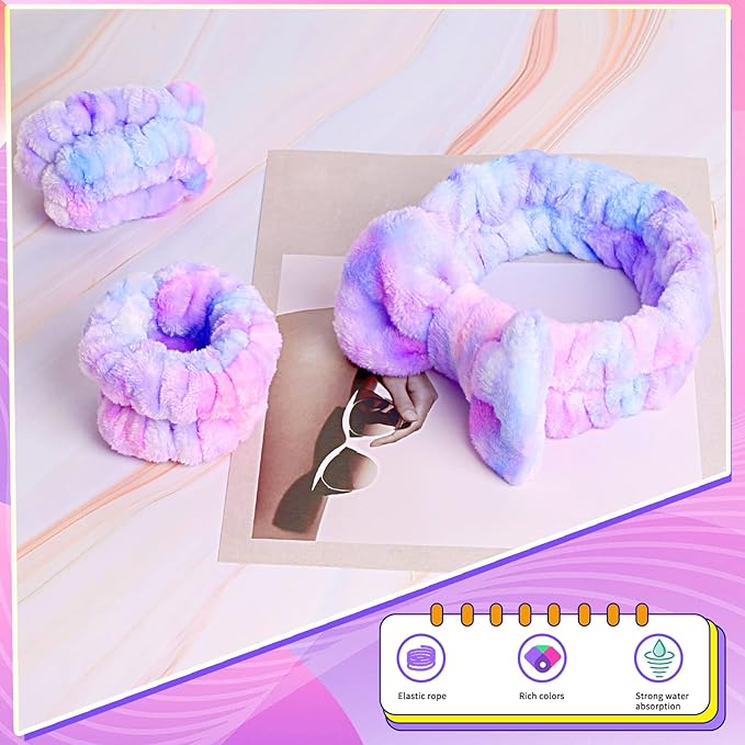 WSYUB Spa Headband and Matching Wrist Bands for Washing Face, Fuzzy Skincare Bow Headbands, Soft Facial Makeup Head Bands, Shower Hair Sleepover Party Supplies