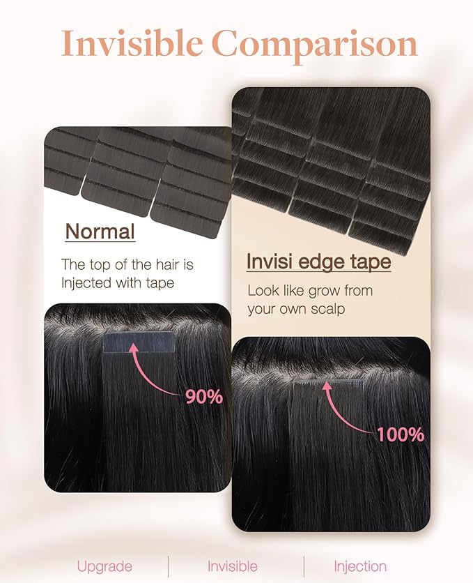 GOO GOO Invisi Edge Tape in Hair Extensions Human Hair, 1C Mocha Brown 20pcs injected with 20pcs classical tape ins, 22inch 100g, Virgin Remy Hair, Natural Look