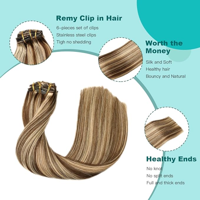 SURNEL Real Hair Extensions Clip in Human Hair 14 Inch Chocolate Brown and Caramel Blonde Clip in Hair Extensions 6pcs 100g(#4P27,14'')