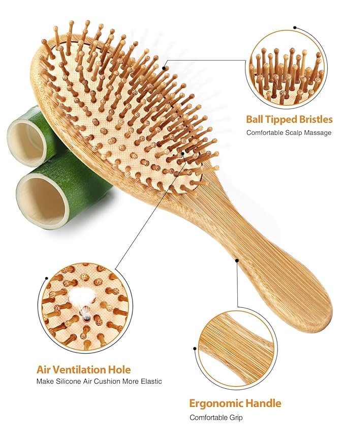 Pack of 2 Hair Brush with Natural Boar Bristles, Massages Scalp Anti-Static Hair Detangle for All Types, Lightweigh (Oval)