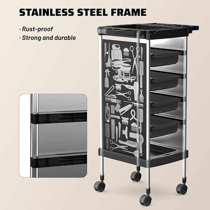 Salon Rolling Trolley with 4 Drawers/Stainless Steel Frame Storage Tool Holder for Barbershop Beauty Spa and Hair Salon Beauty Black