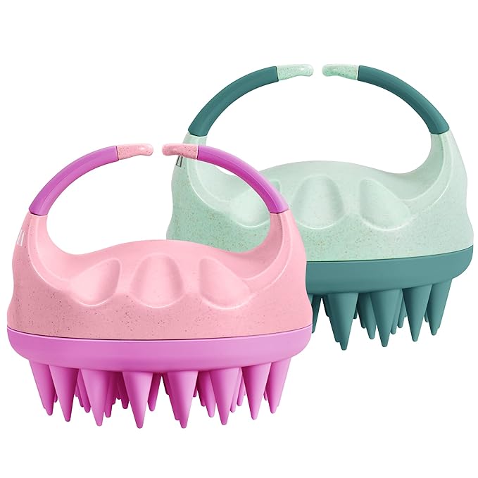 HEETA Scalp Massager with Soft Silicone Bristles for Hair Growth, Dandruff Removal, Itching Relief - Shampoo Brush for Hair Care and Relaxation (Coral Pink & Green)