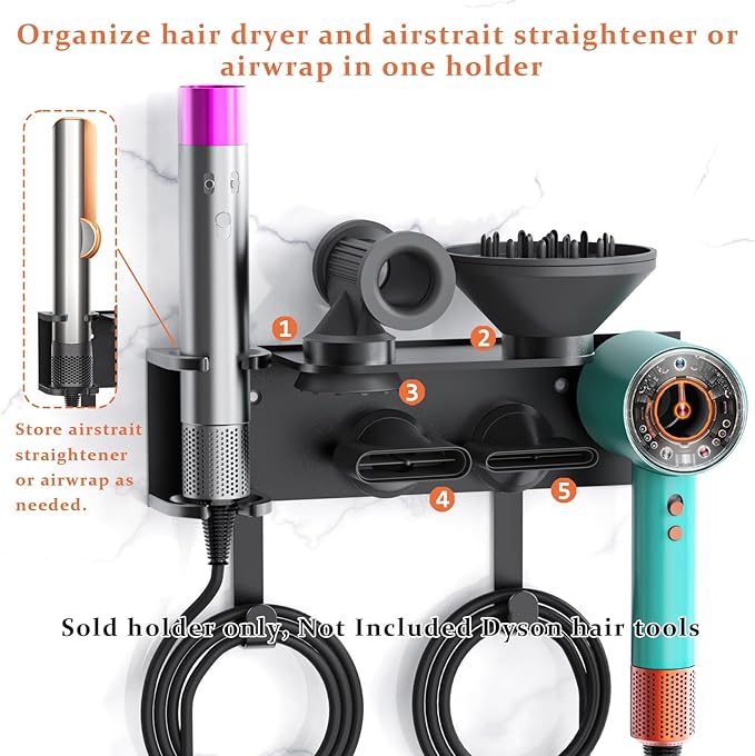Affogato Hair Dryer Holder Wall Mount Compatible with Dyson Supersonic HD16 Airwrap Straightener, 2 in 1 Airstrait Organizer Stand, Metal Blow Dryer Attachments Storage Rack for Bathroom and Salon