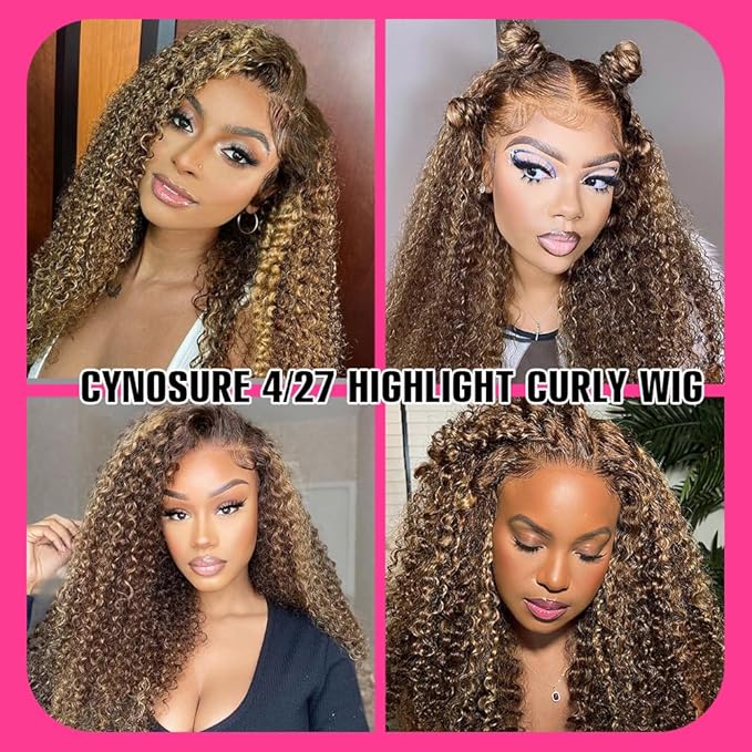 CYNOSURE 13x5 Highlight Ombre Lace Front Wig Human Hair 427 Colored Honey Blonde Deep Wave Curly Wig 180% Density HD Transparent Lace Frontal Wigs Human Hair 22 Inch