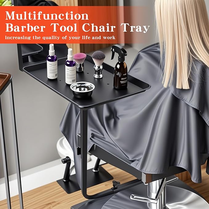 Modern Salon Chair Tray, 360 Rotatable Metal, Black, Depth: 17.7 inches, Width: 28.3 inches, Height: 23.6 inches, Adjustable Height, Foldable Arm Rest, Hair Styling, Beauty Services