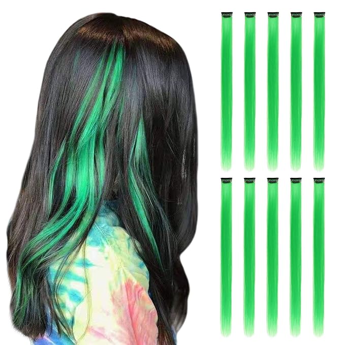 Green Hair Extensions Clip in, 22 Inch 10 Pcs Long Straight Colored, for Kids Girls Women Highlight Party, Synthetic