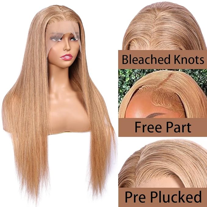 Honey Blonde Straight 13x4 Lace Front Human Hair Wigs with Baby Hair Pre Plucked Brazilian Virgin Hair Transparent HD Lace Frontal Wig for Black Women 180% Density 20 Inch
