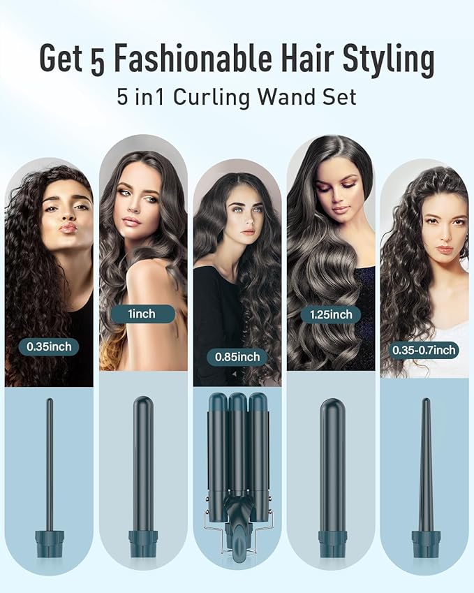 Waver Curling Iron Wand - BESTOPE PRO 5 in 1 Curling Wand Set with 3 Barrel Hair Crimper for Women, Fast Heating Crimper Wand Curler in All Hair Type - Green
