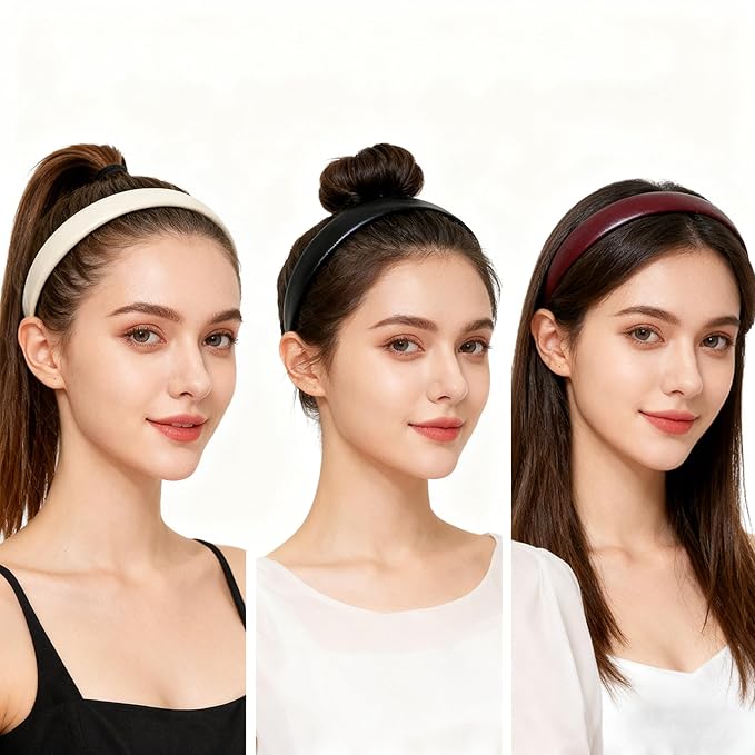 2-Piece Red & Black Leather Headbands - Non-Slip Wide Padded Hair Accessories for Women, Cute Fashion DIY Hair Hoops